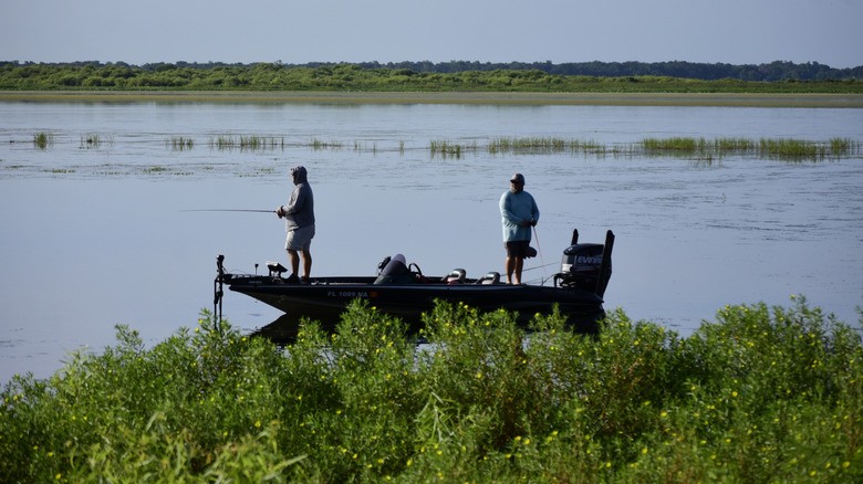 People fishing from a boat on a calm lake
